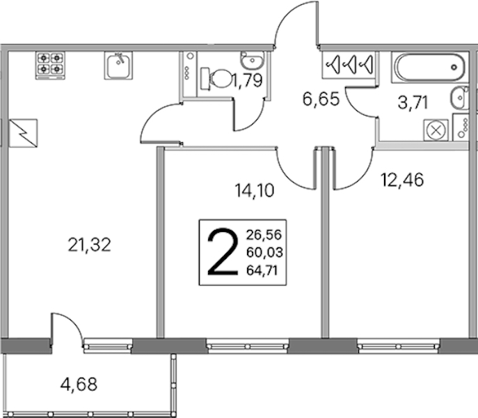 2-комнатная квартира 60.03 м², 2/5 эт., ЖК «ЮгТаун. Олимпийские кварталы»